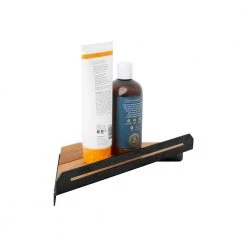 SEACHROME 14 in. x 8 in. Corner Shower Shelf in Matte Black with a Natural Teak Wood Insert