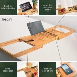 Unbranded Extendable Bamboo Bathtub Caddy Tray with Adjustable Book Reading Rack and Wine Holder -Bathroom Accessories Sales natural bathroom trays aybszhd1413 1f 1000