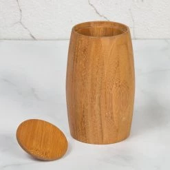 Creative Home Natural Bamboo Barrel Shaped Cotton Ball Holder Cotton Swab Organizer Bathroom Storage Jar Container -Bathroom Accessories Sales natural finish creative home bathroom storage containers 62013 1f 1000