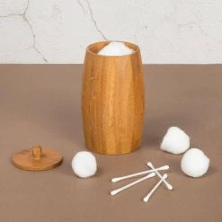 Creative Home Natural Bamboo Barrel Shaped Cotton Ball Holder Cotton Swab Organizer Bathroom Storage Jar Container -Bathroom Accessories Sales natural finish creative home bathroom storage containers 62013 31 1000