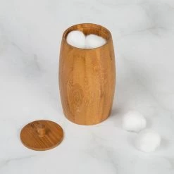 Creative Home Natural Bamboo Barrel Shaped Cotton Ball Holder Cotton Swab Organizer Bathroom Storage Jar Container -Bathroom Accessories Sales natural finish creative home bathroom storage containers 62013 44 1000