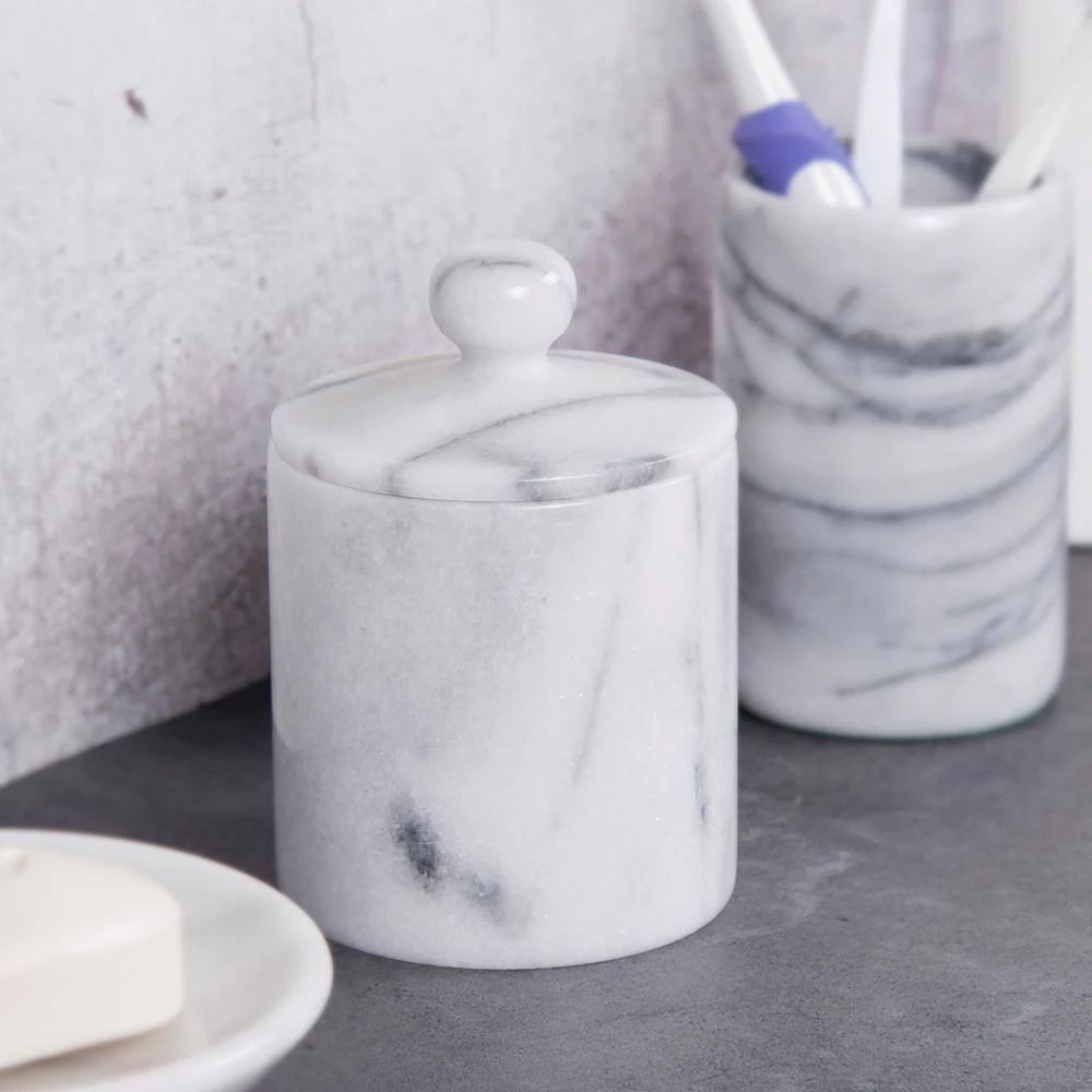 Creative Home Natural Marble Cotton Ball Swab Holder Bathroom Accessory Storage Jar Canister Off-White 4 Creative Home Natural Marble Cotton Ball Swab Holder Bathroom Accessory Storage Jar Canister Off-White - Image 4