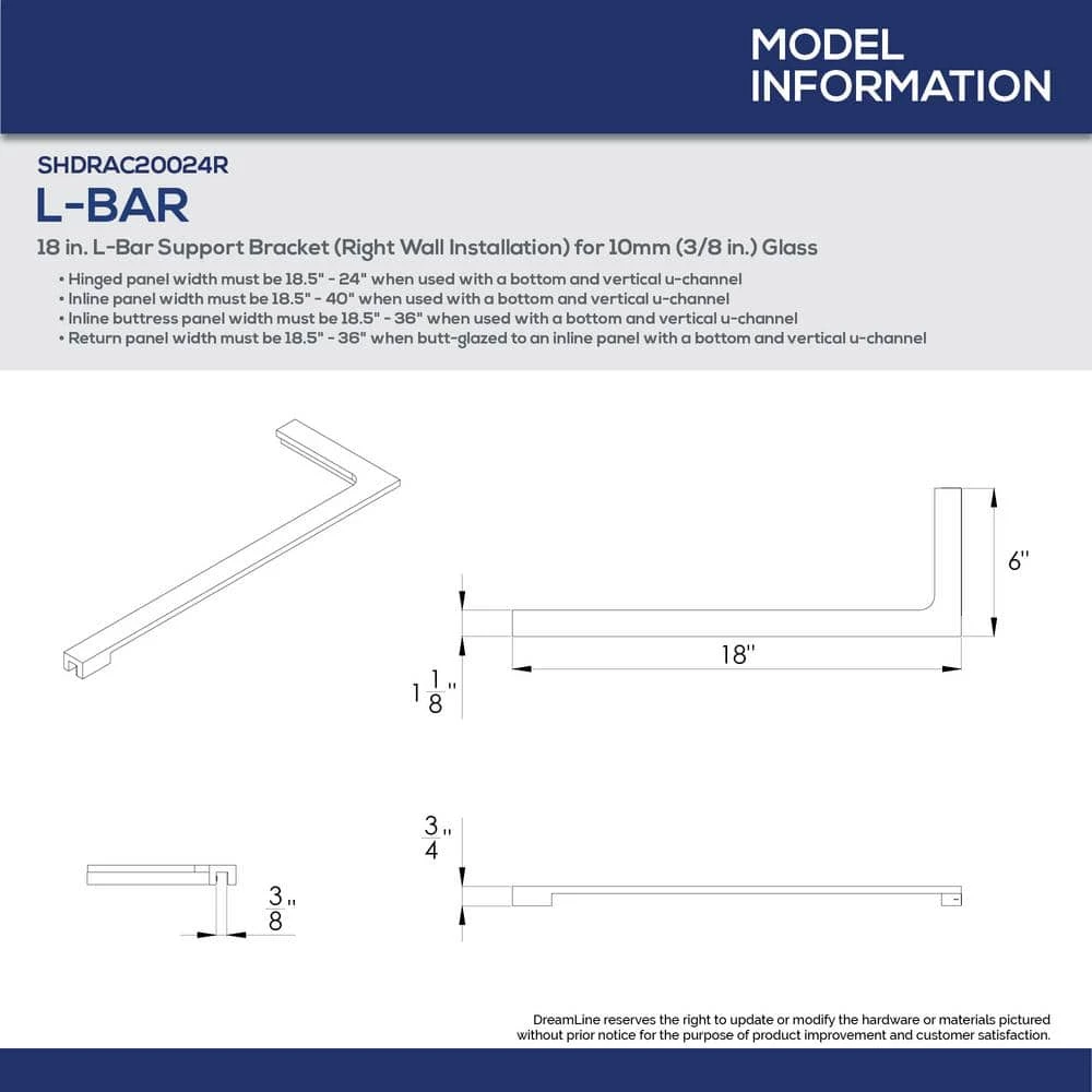DreamLine 18 in. L-Bar Support Bracket (Right Wall Installation) for 10 mm (3/8 in.) Glass in Satin Black 2 DreamLine 18 in. L-Bar Support Bracket (Right Wall Installation) for 10 mm (3/8 in.) Glass in Satin Black - Image 2