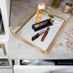 Home Details Large Geometric Mirrored Vanity Tray in Satin Gold -Bathroom Accessories Sales satin gold home details bathroom trays 26419 sgold 1f 1000