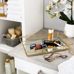 Home Details Large Geometric Mirrored Vanity Tray in Satin Gold -Bathroom Accessories Sales satin gold home details bathroom trays 26419 sgold 4f 1000