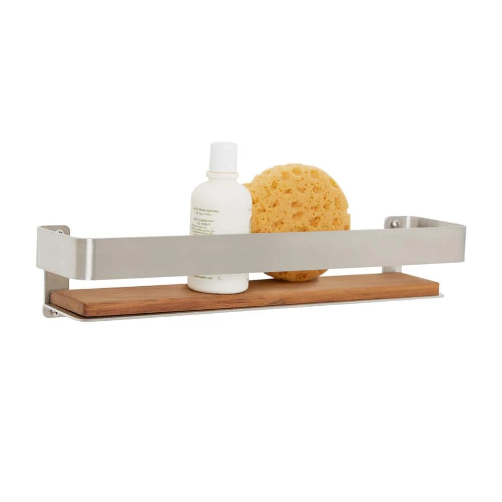 SEACHROME 18 in. x 4 in. Rectangular Shower Shelf with Rail in Satin and Natural Teak Wood Insert 2 SEACHROME 18 in. x 4 in. Rectangular Shower Shelf with Rail in Satin and Natural Teak Wood Insert - Image 2