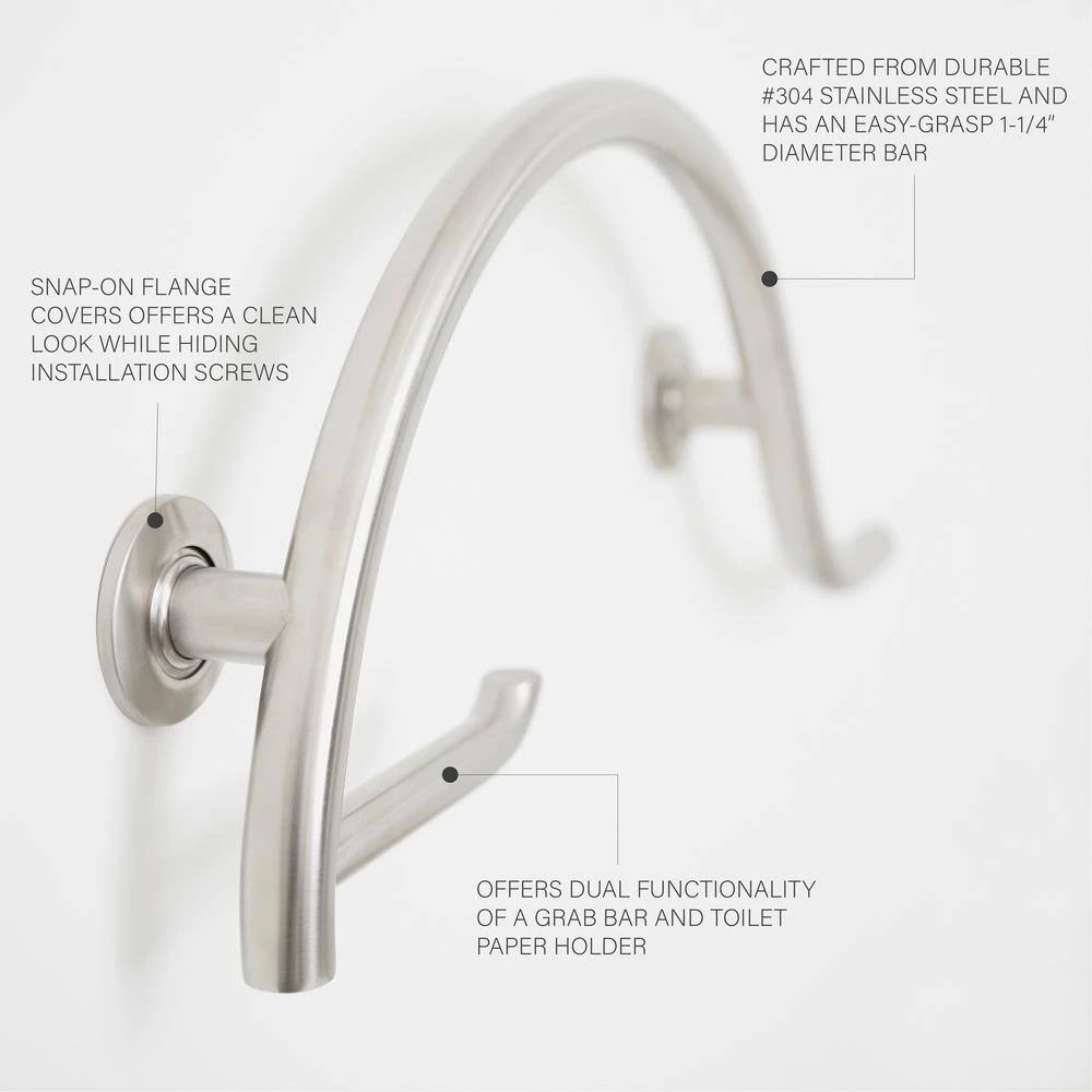 SEACHROME 30 in. Lifestyle and Wellness Pismo Curved Bathroom Shower Grab Bar with Toilet Paper Holder Bar, Right-Handed in Satin 4 SEACHROME 30 in. Lifestyle and Wellness Pismo Curved Bathroom Shower Grab Bar with Toilet Paper Holder Bar, Right-Handed in Satin - Image 4