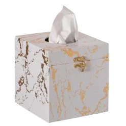 Vintiquewise Velvet Modern Decorative Paper Facial Tissue Box Holder in Square White and Gold