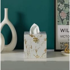 Vintiquewise Velvet Modern Decorative Paper Facial Tissue Box Holder in Square White and Gold -Bathroom Accessories Sales square white and gold vintiquewise tissue box covers qi003978 sq wtg fa 1000