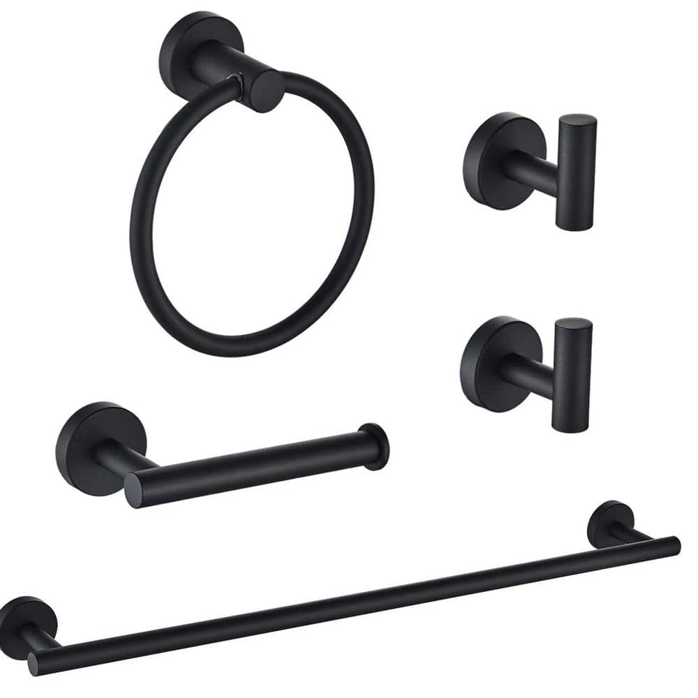 ATKING 5-Piece Bath Hardware with Towel Bar Towel Hook Toilet Paper Holder and Towel Ring Set in Matte Black 1 ATKING 5-Piece Bath Hardware with Towel Bar Towel Hook Toilet Paper Holder and Towel Ring Set in Matte Black