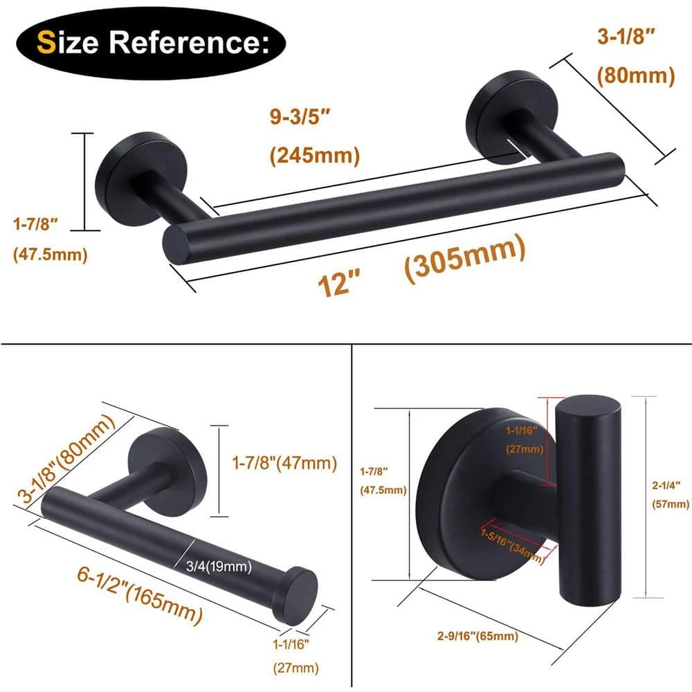 Ruiling Porter 3-Piece Bath Hardware Set with Towel Hook and Toilet Paper Holder and 12 in. Towel Bar in Stainless Steel Black 7 Ruiling Porter 3-Piece Bath Hardware Set with Towel Hook and Toilet Paper Holder and 12 in. Towel Bar in Stainless Steel Black - Image 7