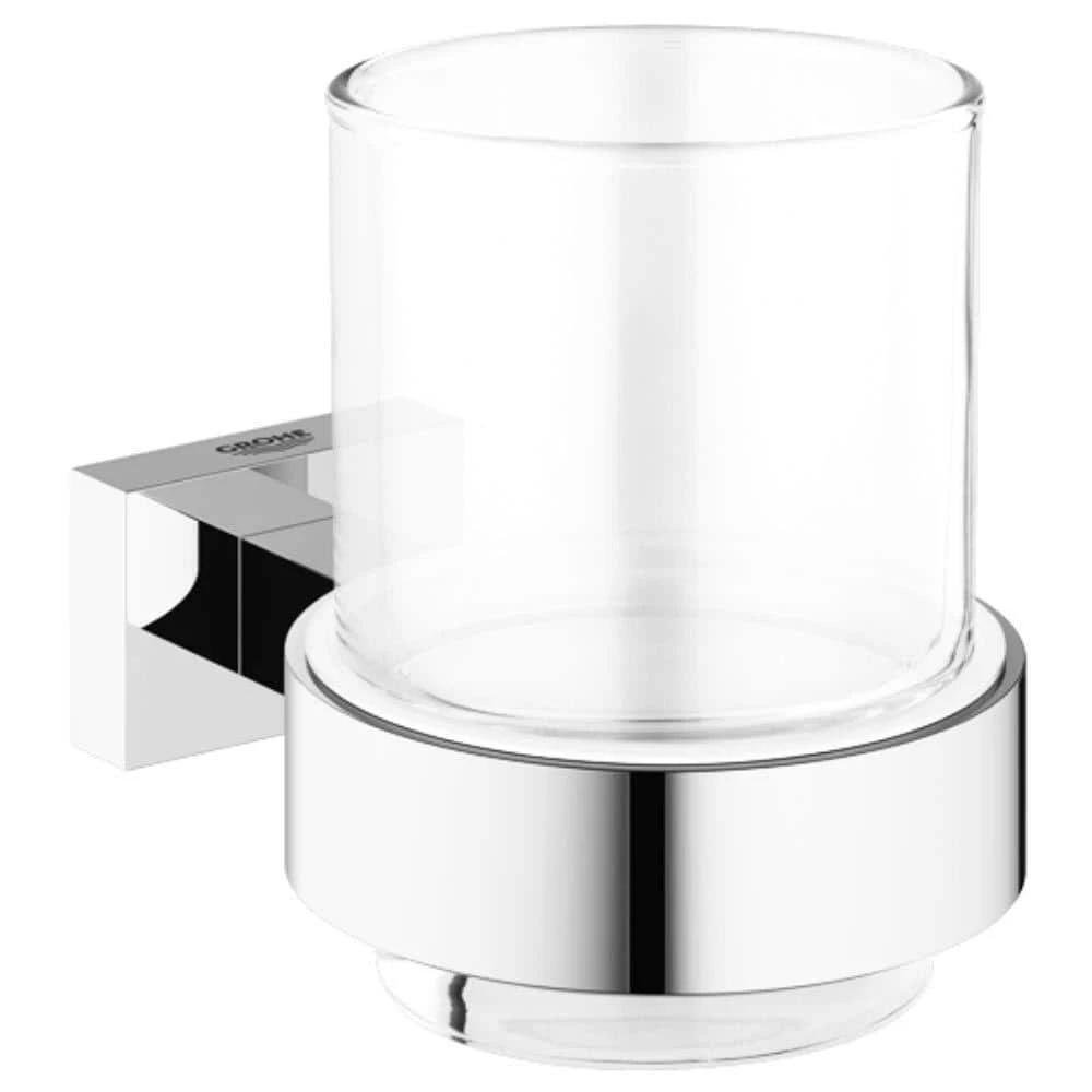 GROHE Essentials Cube Wall-Mounted Crystal Glass Cup with Holder in StarLight Chrome 1 GROHE Essentials Cube Wall-Mounted Crystal Glass Cup with Holder in StarLight Chrome