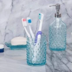 Creative Home 3 in. Dia x 4-1/2 in. H Transparent Blue Dot Glass Tumbler, Toothbrush Holder -Bathroom Accessories Sales transparent blue creative home toothbrush holders 75318 1f 1000