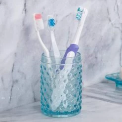 Creative Home 3 in. Dia x 4-1/2 in. H Transparent Blue Dot Glass Tumbler, Toothbrush Holder -Bathroom Accessories Sales transparent blue creative home toothbrush holders 75318 44 1000