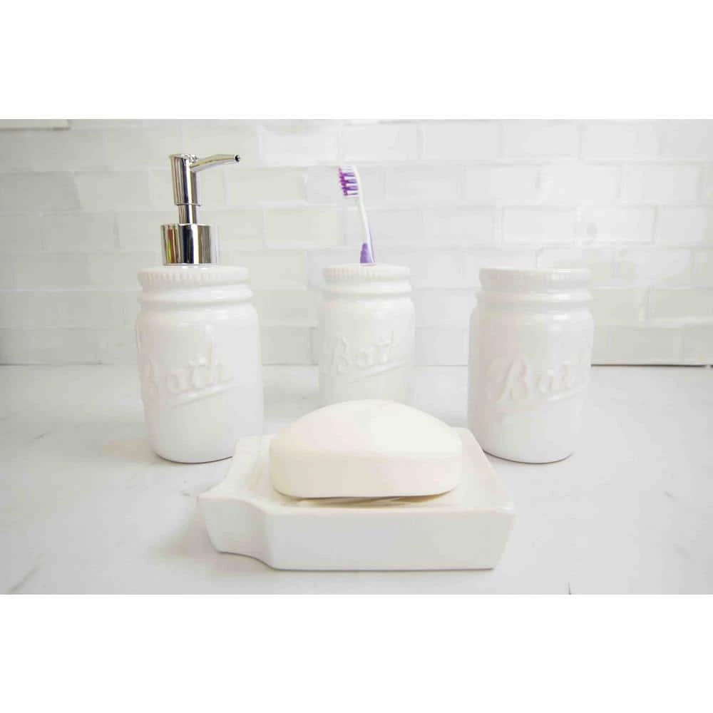 Unbranded Dolomite Mason Jar 4-Piece Bath Accessory Set in White 3 Unbranded Dolomite Mason Jar 4-Piece Bath Accessory Set in White - Image 3