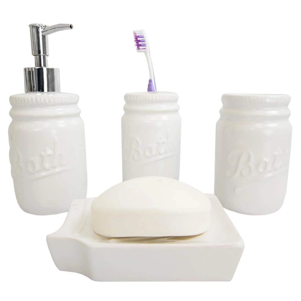 Unbranded Dolomite Mason Jar 4-Piece Bath Accessory Set in White 1 Unbranded Dolomite Mason Jar 4-Piece Bath Accessory Set in White
