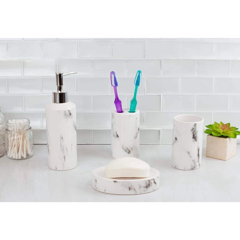Unbranded Marble Ceramic 4 Piece Bath Accessory Set in White 4 Unbranded Marble Ceramic 4 Piece Bath Accessory Set in White - Image 4