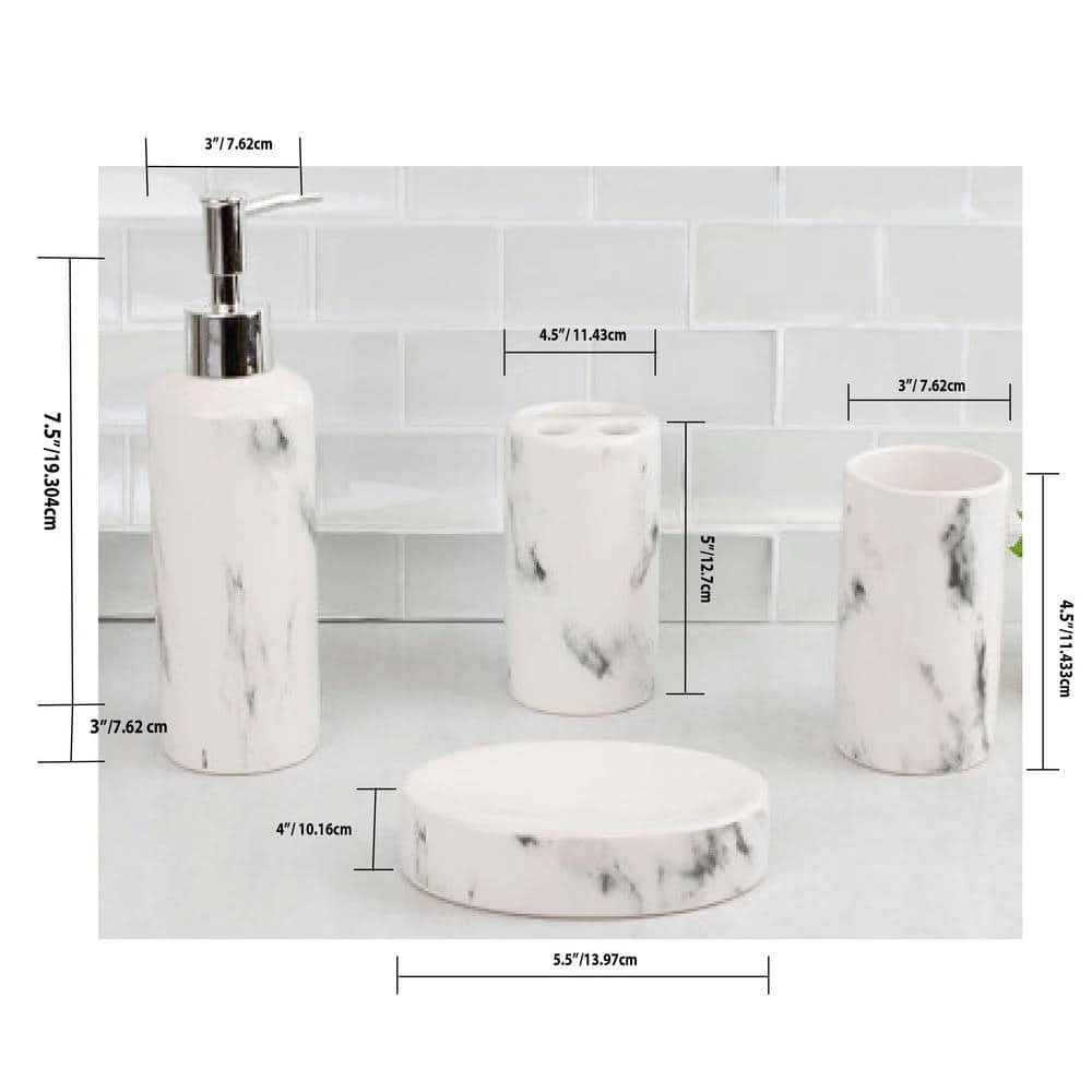 Unbranded Marble Ceramic 4 Piece Bath Accessory Set in White 2 Unbranded Marble Ceramic 4 Piece Bath Accessory Set in White - Image 2