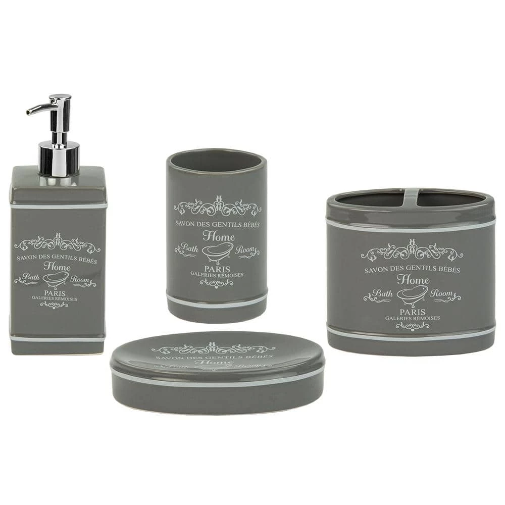 Home Basics 4-Piece Paris Bath Accessory Set in Grey 1 Home Basics 4-Piece Paris Bath Accessory Set in Grey