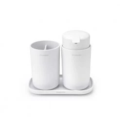 Brabantia ReNew 3-Piece Bathroom Accessory Set with Soap Pump, Toothbrush Holder and Tray in White