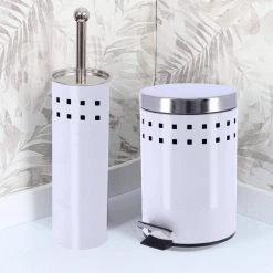 Unbranded 3 l/0.8 Gal. Round Perforated Metal Bath Floor Step Trash Can Waste Bin and Stainless Steel Cover and White -Bathroom Accessories Sales white chrome bathroom trash cans 6502100 1f 1000