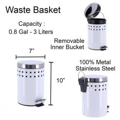 Unbranded 3 l/0.8 Gal. Round Perforated Metal Bath Floor Step Trash Can Waste Bin and Stainless Steel Cover and White -Bathroom Accessories Sales white chrome bathroom trash cans 6502100 4f 1000