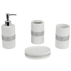 Home Basics Luxury with Stunning Sequin Accents 4-Piece Ceramic Bath Accessory Set in White