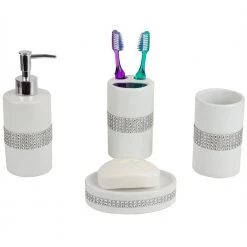 Home Basics Luxury with Stunning Sequin Accents 4-Piece Ceramic Bath Accessory Set in White -Bathroom Accessories Sales white home basics bathroom accessory sets ba41924 c3 1000