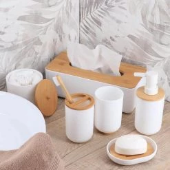 Unbranded Vanity Bath Water Tumbler in Padang White and Bamboo Base 9 Unbranded Vanity Bath Water Tumbler in Padang White and Bamboo Base -Bathroom Accessories Sales white toothbrush holders 6174210 1f 1000