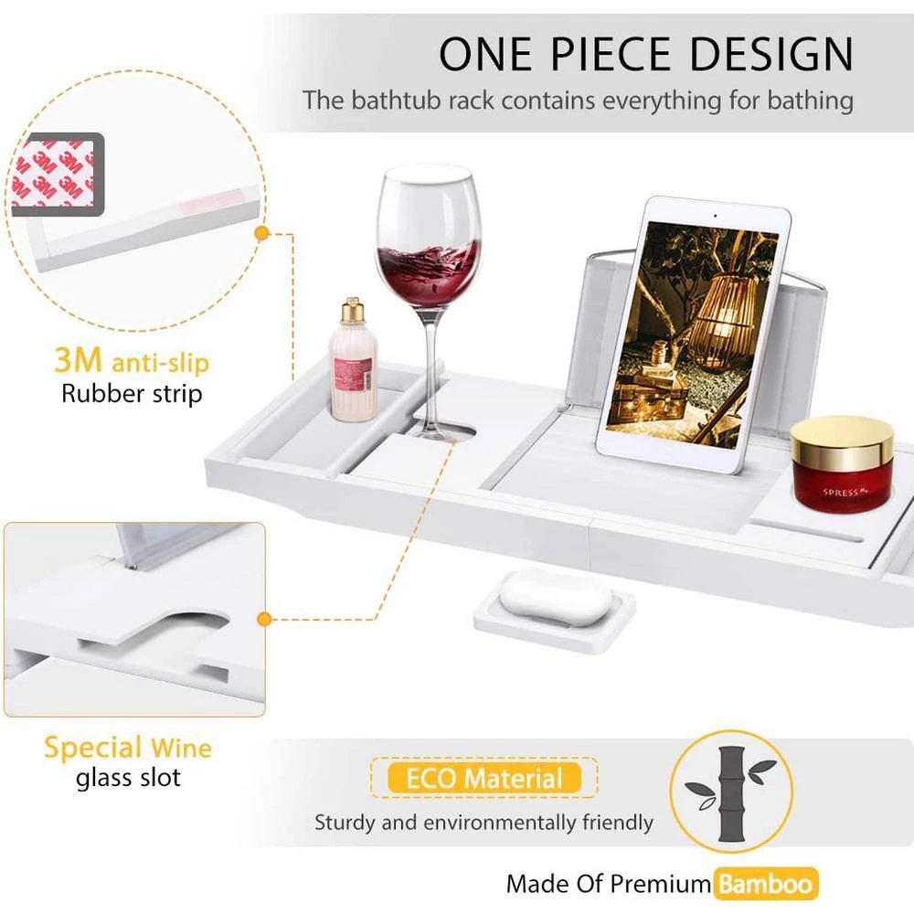VIVOHOME Expandable 43 in. Bamboo Bathtub Caddy Tray in White with Holders, Soap Tray, Wine Glass Slot 4 VIVOHOME Expandable 43 in. Bamboo Bathtub Caddy Tray in White with Holders, Soap Tray, Wine Glass Slot - Image 4