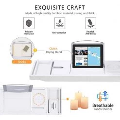 VIVOHOME Expandable 43 in. Bamboo Bathtub Caddy Tray in White with Holders, Soap Tray, Wine Glass Slot 7 VIVOHOME Expandable 43 in. Bamboo Bathtub Caddy Tray in White with Holders, Soap Tray, Wine Glass Slot -Bathroom Accessories Sales white vivohome bathroom trays x002qun3jn 4f 1000