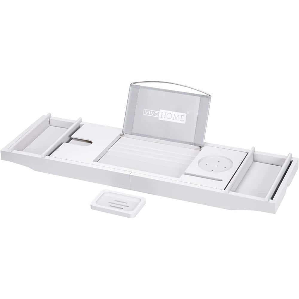 VIVOHOME Expandable 43 in. Bamboo Bathtub Caddy Tray in White with Holders, Soap Tray, Wine Glass Slot 1 VIVOHOME Expandable 43 in. Bamboo Bathtub Caddy Tray in White with Holders, Soap Tray, Wine Glass Slot