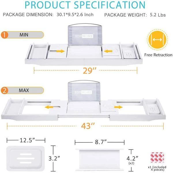 VIVOHOME Expandable 43 in. Bamboo Bathtub Caddy Tray in White with Holders, Soap Tray, Wine Glass Slot 2 VIVOHOME Expandable 43 in. Bamboo Bathtub Caddy Tray in White with Holders, Soap Tray, Wine Glass Slot - Image 2