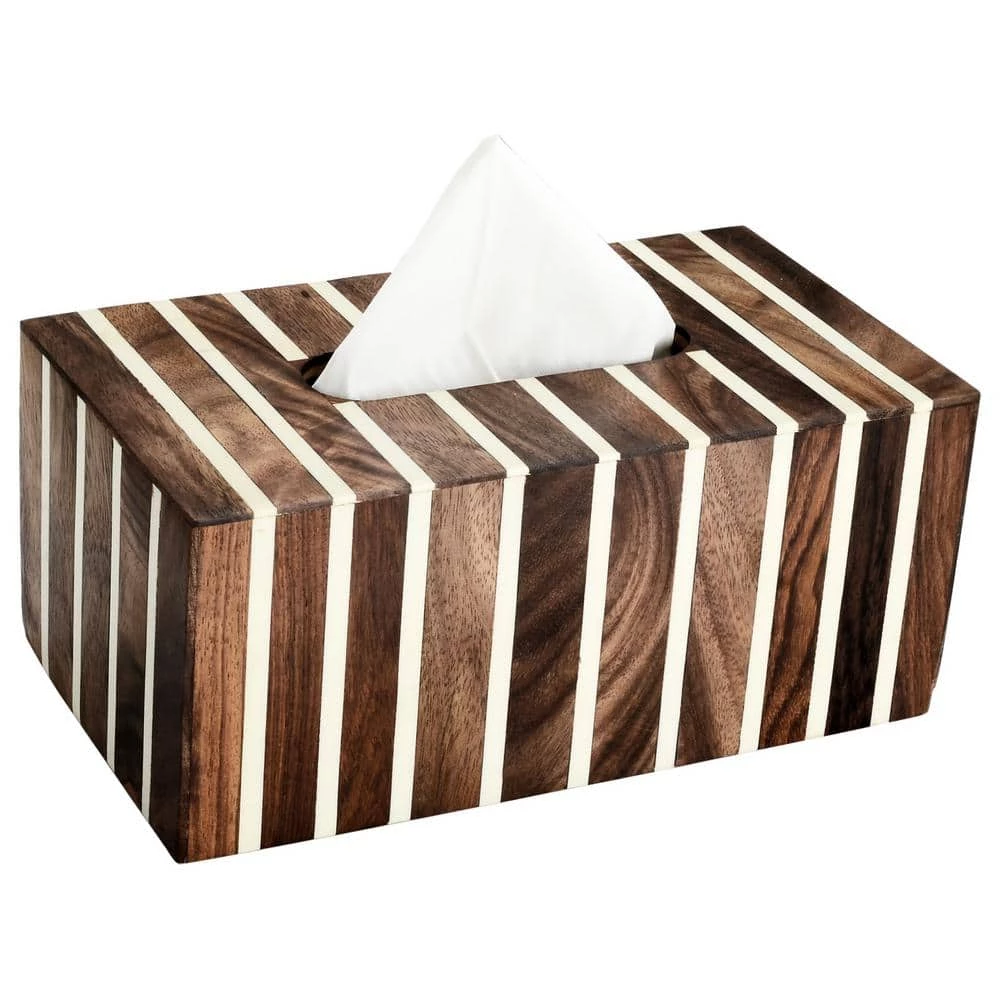 Mascot Hardware Striped Tissue Box Cover in White and Wood 2 Mascot Hardware Striped Tissue Box Cover in White and Wood - Image 2